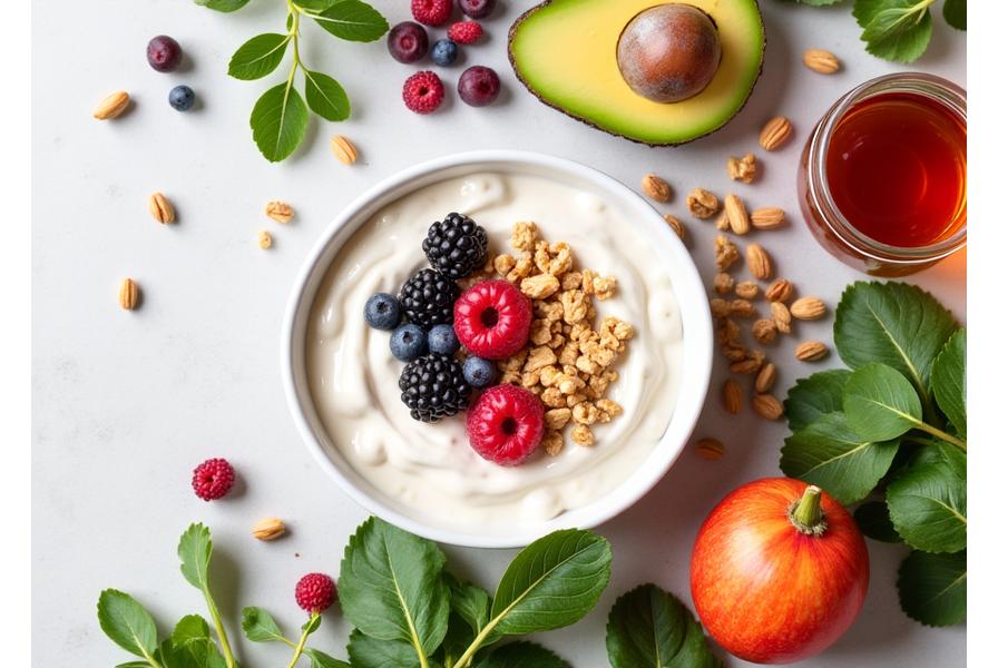 Close-up of vibrant, gut-healthy foods like yogurt, berries, and nuts