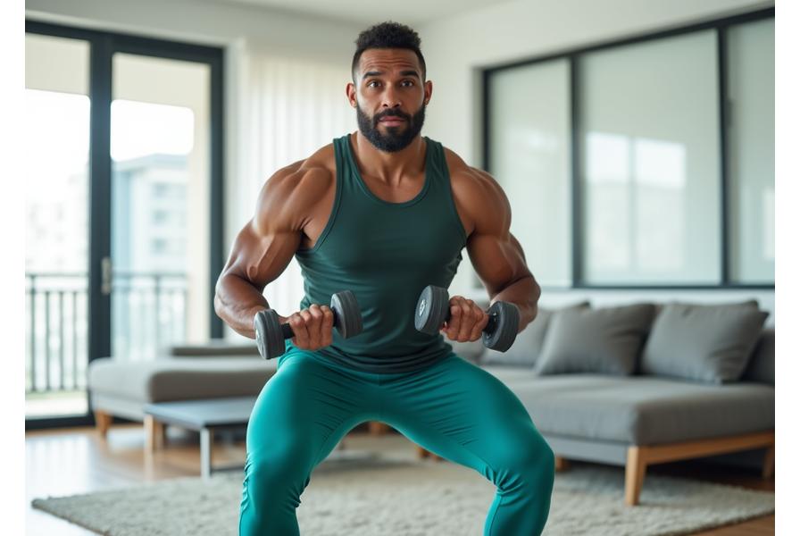 Man performing strength training exercises at home