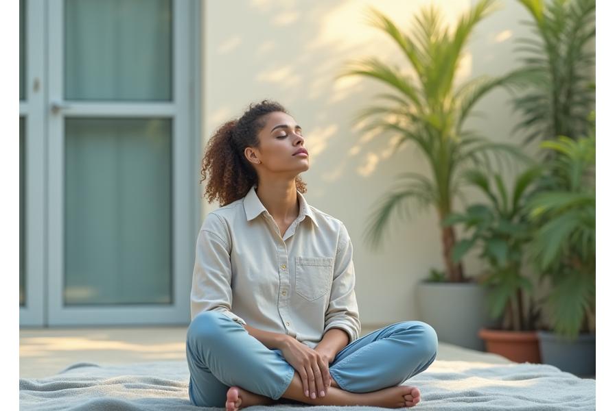 Person practicing meditation in a serene setting