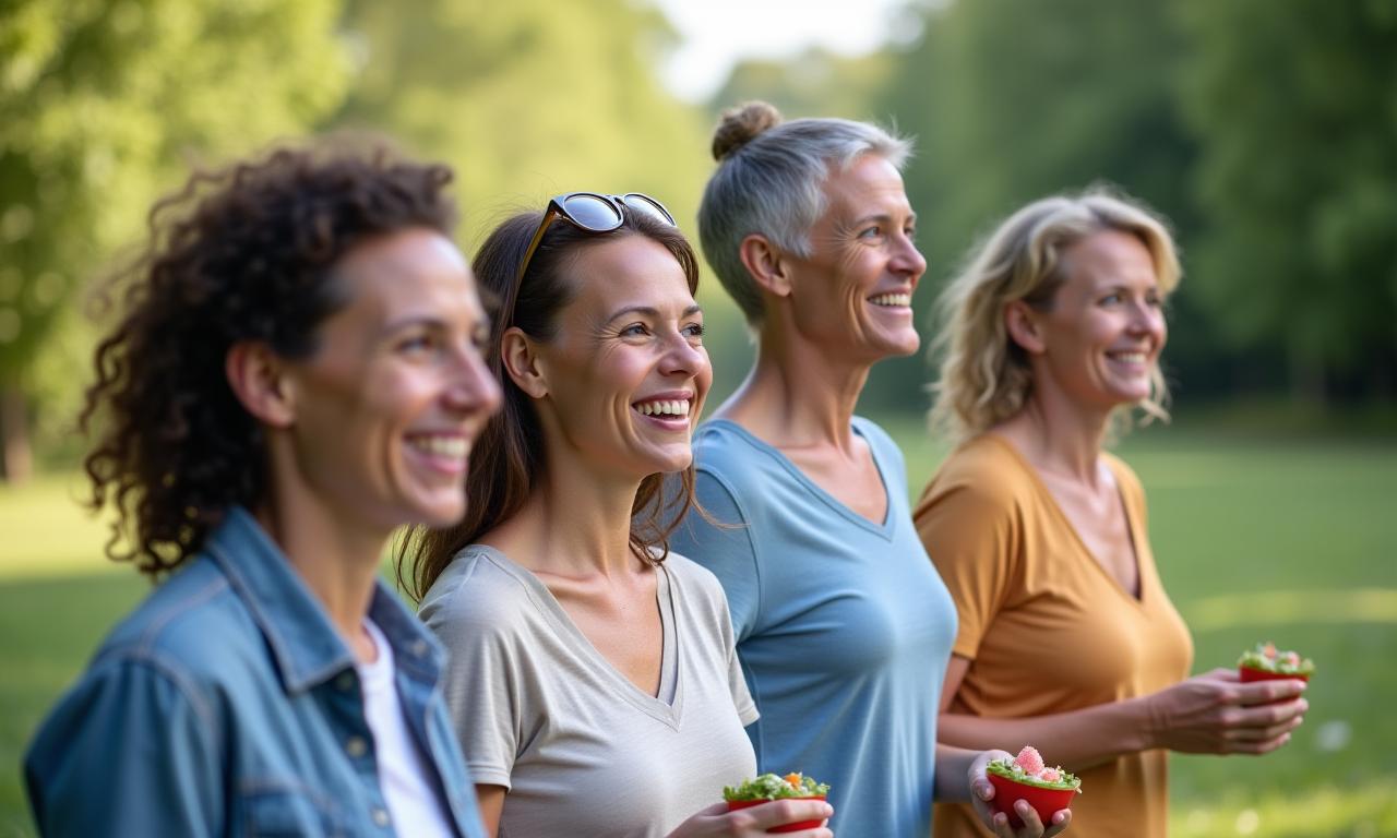 Diverse group of adults (35+) looking happy and healthy outdoors, reflecting holistic well-being.