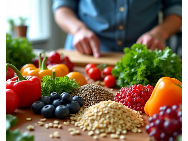 A vibrant assortment of fresh, whole foods like colorful fruits, vegetables, and grains. Chef preparing ingredients.
