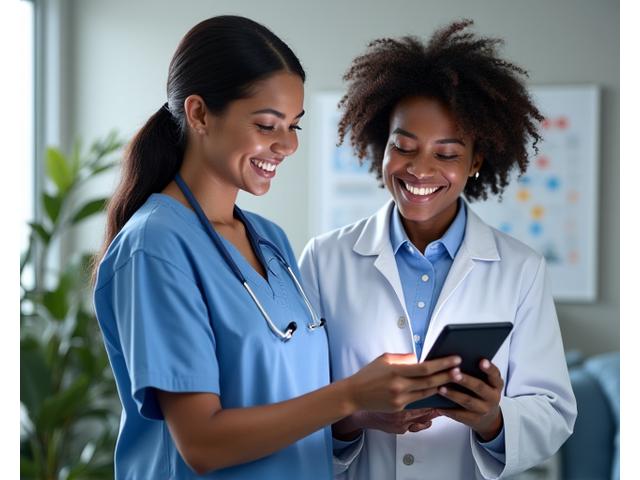 Doctor reviewing health data with a patient, surrounded by medical charts and a laptop.