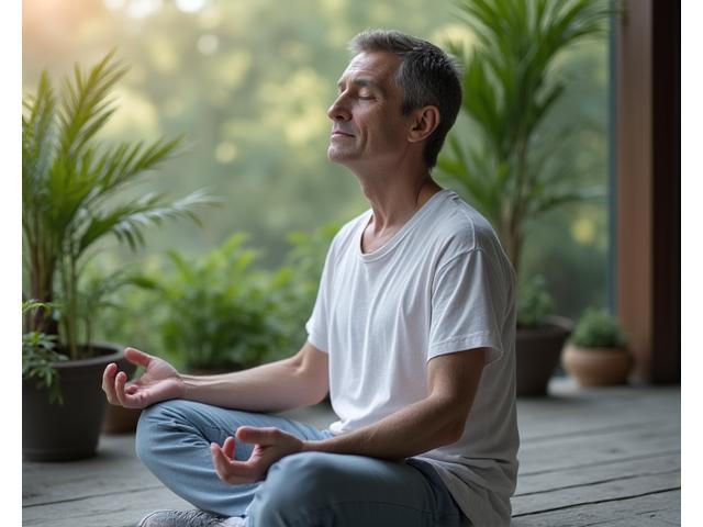 Person meditating peacefully outdoors, with soft light and a sense of calm, representing stress relief.